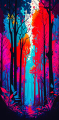 Wall Mural - Abstract vibrant colorful forest path portrait wallpaper - generative AI