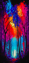Wall Mural - Abstract vibrant colorful forest path portrait wallpaper - generative AI