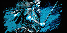 Blue-Warrior With Spear Charges In Celtic Artwork  Generative AI