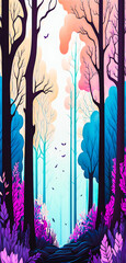 Wall Mural - Abstract vibrant colorful forest path portrait wallpaper - generative AI