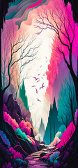 Wall Mural - Abstract vibrant colorful forest path portrait wallpaper - generative AI