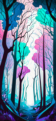 Wall Mural - Abstract vibrant colorful forest path portrait wallpaper - generative AI