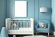 Mockup Kinderzimmer mit vertikalen Bilderrahmen und blauen Hintergrund. Ideal als Präsentation für Produkte wie Poster, Gemälde, Leinwände oder Wandbilder. Leerer Rahmen für Fotos - generativ KI