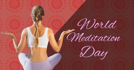 Poster - Animation of world meditation day text with caucasian woman meditating on red background