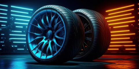 Wall Mural - car wheel with tire and awesome background Generative AI Art Illustration