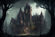 Looming Gothic Mansion With Spooky Gargoyles And Towering Spires. AI Generative