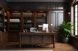 © MVProductions - Large office with wooden bookshelf covered walls, and large wooden desk and house plant. Generative AI