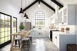 Bright, spacious and modern farmhouse style kitchen. Generative AI