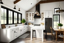 Bright, Spacious And Modern Farmhouse Style Kitchen. Generative AI