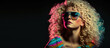 Young 1970s girl with long blonde curly hair in colorful light wearing big retro sunglasses, black background with copy space, generative AI