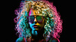 © J S - Young teenage party girl with long blonde curly hair in colorful light wearing striped neon sunglasses, black background with copy space, generative AI