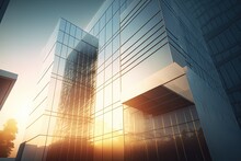 Contemporary High Rise Office Building With A Glass Facade In Morning Sun. Rise And Shine. Generative AI