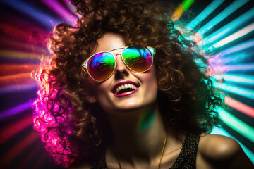 Canvas Print - Brunette laughing party girl with long curly hair in colorful laser tunnel background, wearing big colorful retro sunglasses,  generative AI