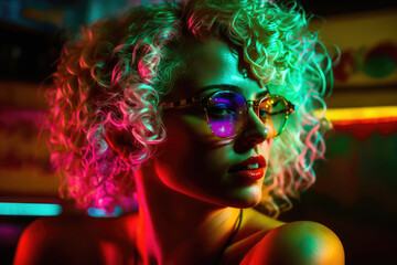 party girl with short blonde curly hair in colorful light wearing big retro sunglasses, bar backgrou