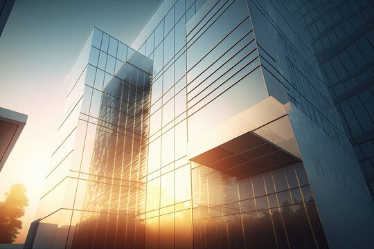 contemporary high rise office building with a glass facade in morning sun. rise and shine. generativ