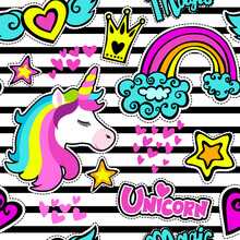 Fashion Patch Badges In Sketch Comics Style. Abstract Seamless Pattern. Stickers Hearts, Crown, Rainbow, Stars, Unicorn On Repeated Stripes Background.