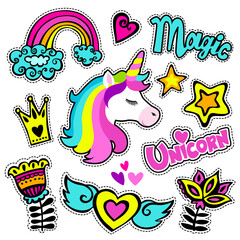set of cute stickers and different elements with hearts, crown, rainbow, stars, unicorn. fashion pat
