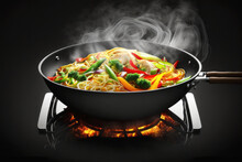 A Large Cooking Wok Is Full Of Steam As Noodles Are Cooked In The Hot Stir Fry Pan. AI Generative