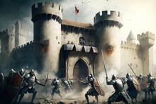 Medieval Battle At Castle Siege: Knights And Soldiers Clash AI Generative Ai