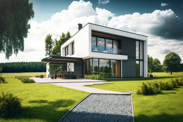 Ultra modern house, luxurious. Front porch with green lawn and trees. Generative AI