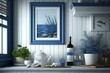 © MVProductions - Marine coastal styled counter with bottle of wine and glass, sea decor and furniture, blue color, ocean style, generative ai