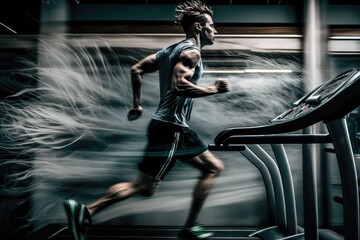 Man running on a treadmill in gym. Strong muscles. Training in gym. Generative AI