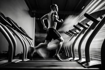 Man running on a treadmill in gym. Strong muscles. Training in gym. Generative AI