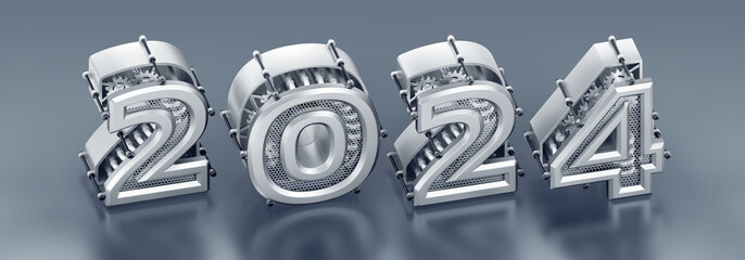 Aufkleber - The New Technological Year of 2024. Designed in modern steampunk style a row of 3D digits, which are composed into the number 2024 on reflective surface. 3D rendering graphics in isometric projection.