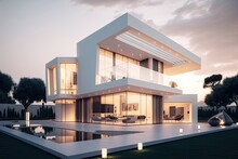 Large Luxurious Ultra Modern Villa, Large Glass Windows, Evening Shot. Generative AI