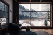 A cozy living room with a modern fireplace and a panoramic window with a beautiful view of the snow-capped mountains. The concept of relaxing in houses or cabins in nature. Generative AI
