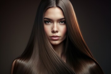 young woman with straight long brown shiny hair. Beauty and hair care.keratin. Generative AI