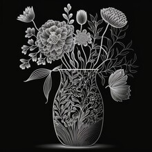 Bouquet Of Flowers In A Vase, Black White Flowers Drawing Imitation, Abstract Generative AI Illustration