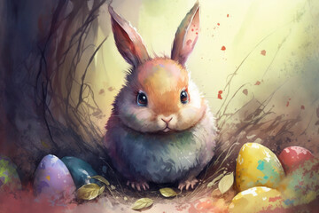 watercolor painting of cute easter bunny sitting in nest next to colorfully painted easter eggs in spring scenario, generative AI