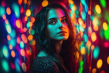 Wall Mural - Full-length photo of a lady standing in front of a rainbow of lights. Generative AI
