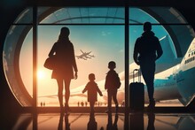 Family At Airport Travelling With Young Child And Luggage Walking To Departure Gate. Air Travel Concept. AI Generation