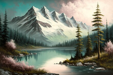 Mountain Scenery Inspired By Bob Ross's Artwork AI Generative