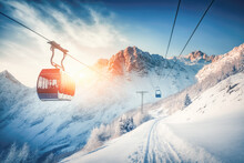 A Scenic View Of A Cable Car And A Ski Resort Against A Backdrop Of Majestic Winter Mountains. AI Generative