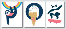 A Minimalist Laconic Illustration Of A Black Sloth Hanging From A Rainbow, Melting Cute Cat And Panda On Scatebord