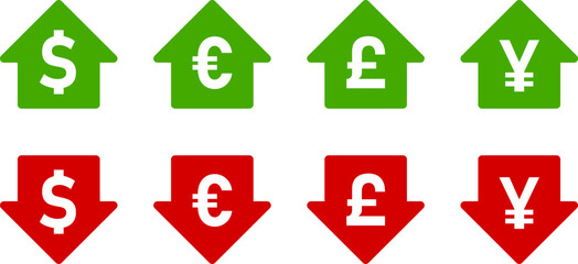 Poster - us dollar euro british pound sterling japanese yen or chinese yuan price value green up and red down