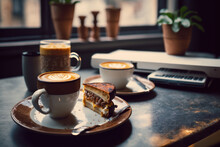 A Cup Of Cappuccino, Coffee And Breakfast Pastries On A Wooden Table With A Laptop Computer For Work And Accessories.