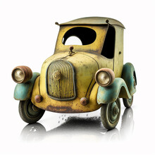 Very Old Vintage Retro Toy Car Isolated On White Close-up	