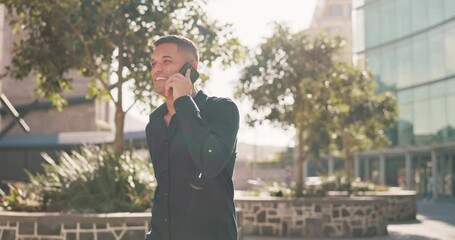 Poster - Phone call, travel and professional man for city international opportunity, 5g communication and networking. Urban business person or entrepreneur walking, talking on cellphone in outdoor lens flare