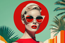 Retro Stylefashion Woman Wearing Trendy Sunglasses. Pin Up Girl. Generative AI