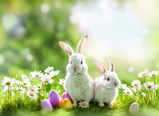 Wall Mural - [Generative AI] Two adorable white rabbits shyly sitting on grass aside of colored Easter eggs and daisy flowers, casting an endearing gaze towards the viewer against a bokeh background evoking spring