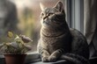  tabby cat sitting on windowsill, created with Generative AI technology
