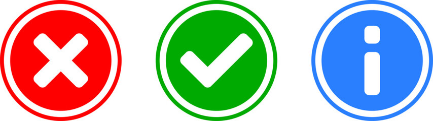 Poster - green yes or ok and red no or declined and blue info or information flat icon set with check mark x 