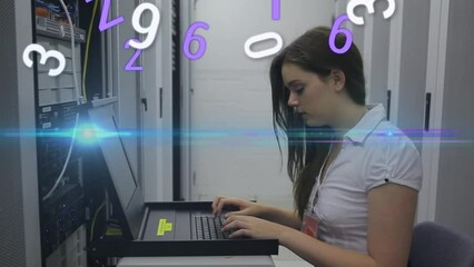Poster - Animation of numbers over caucasian female worker in server room
