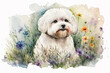 Watercolor painting of cute maltese dog in a colorful flower field. Ideal for art print, greeting card, springtime concepts etc. Made with generative AI. 