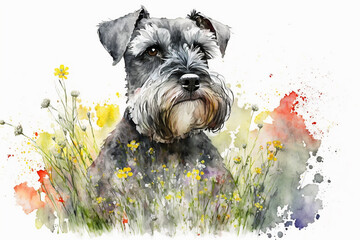 Wall Mural - Watercolor painting of cute schnauzer dog in a colorful flower field. Ideal for art print, greeting card, springtime concepts etc. Made with generative AI. 