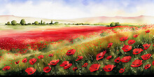 Watercolor Painting Of Poppy Field In Full Bloom - Generative AI